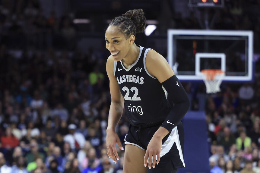 A'ja Wilson, #22 of the Las Vegas Aces, reacts during a game.