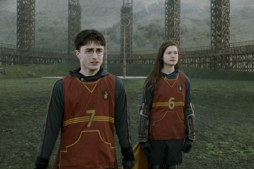 Harry Potter standing with Ginny Weasley in Happy Potter and the Half-Blood Prince (2009).