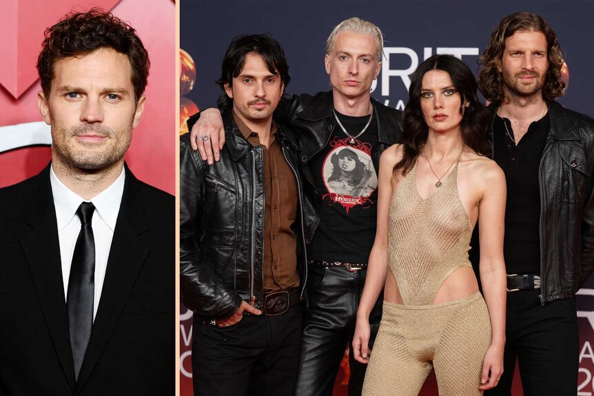 A split of Jamie Dornan and Theo Ellis, Joel Amey, Joff Oddie, and Ellie Rowsell of Wolf Alice.