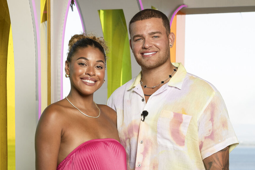 Hannah Wright and Marco Donatelli smiling together in Love Island USA Aftersun Season 6 Episode 35.