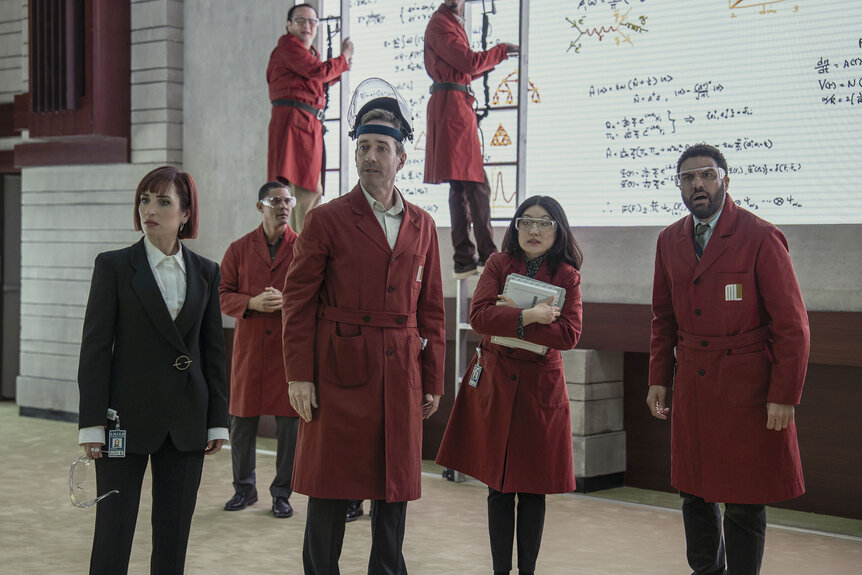 Vivienne (Zoe Lister-Jones), Les (Matthew Macfadyen), Janet (Rong Fu), RPW (O-T Fagbenle) reacting on The Miniature Wife Season 1.