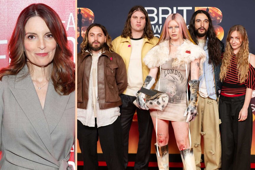 A split of Tina Fey and Hester Chambers, Ellis Durand, Josh Mobaraki, Rhian Teasdale, Henry Holme of Wet Leg.