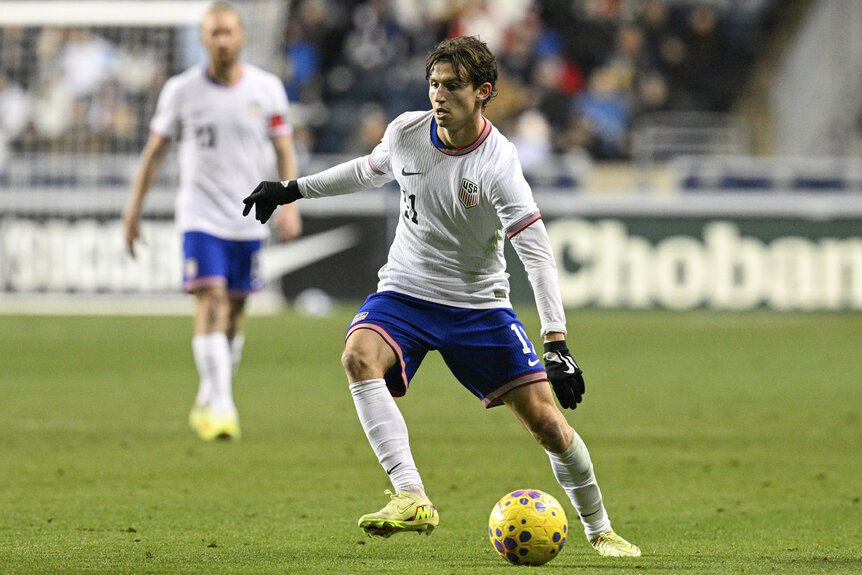 Brenden Aaronson, #11 of the US Mens National Team, during a friendly match.
