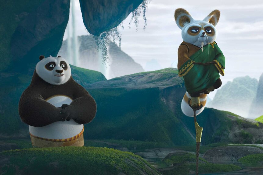 Po looks on as Master Shifu floats in the air in Kung Fu Panda 2 (2011).