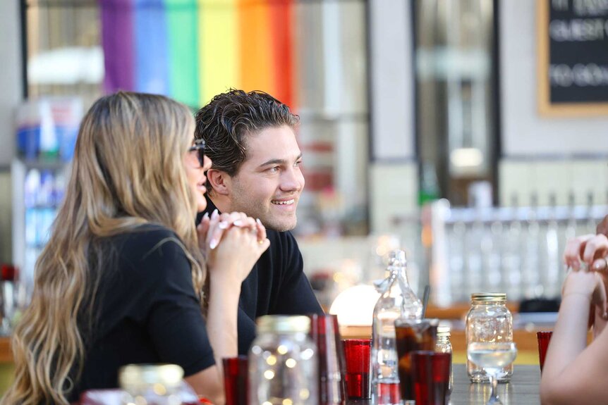 Iris Kendall and TJ Palma sitting together on Love Island: Beyond The Villa Season 2 Episode 1.