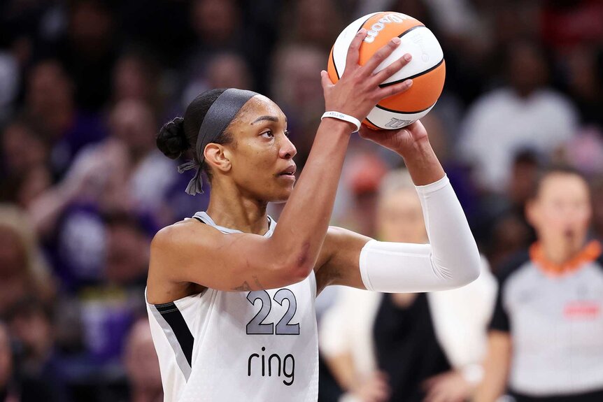 A'ja Wilson of the Las Vegas Aces attempts a free throw during Game Four of the 2025 WNBA Playoffs finals.