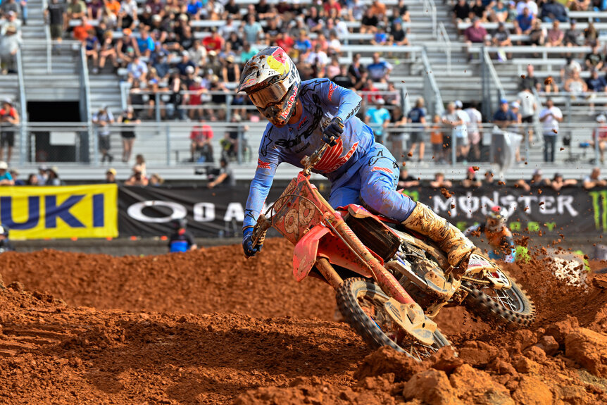 Hunter Lawrence riding a dirt bike during the Monster Energy AMA Supercross Championship Final.