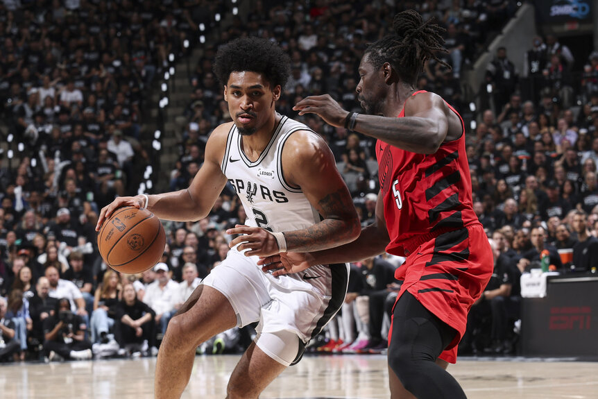 Dylan Harper, #2 of the San Antonio Spurs, moving past a defender during the 2026 NBA Playoffs.