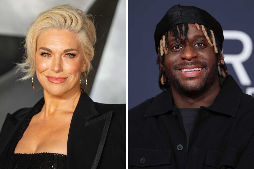 A split of Hannah Waddingham and Myles Smith.