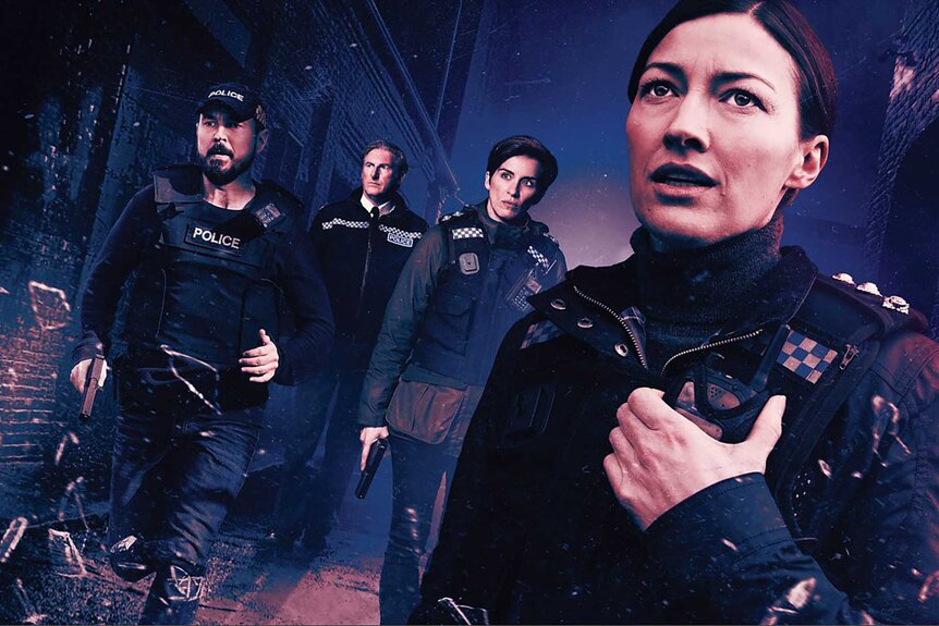Key art for Line of Duty that shows four officers standing together as one reaches for their walkie.