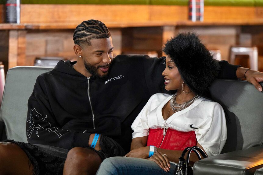 Chris Seely and Courtney&nbsp;CoCo Watson smiling and looking at each other Love Island: Beyond The Villa Season 2 Episode 3.