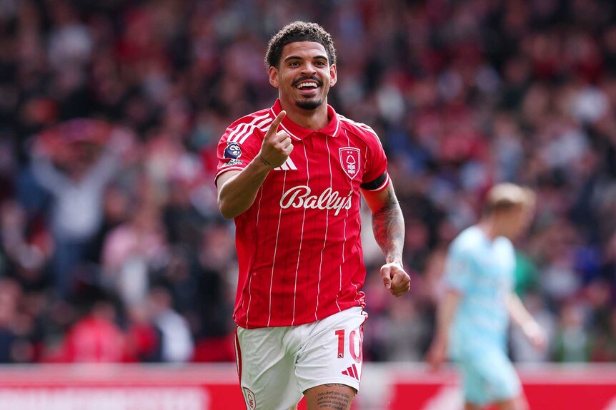 Morgan Gibbs-White of Nottingham Forest celebrates after he scored a hat-trick for 3-1 during the Premier League match between Nottingham Forest and Burnley.