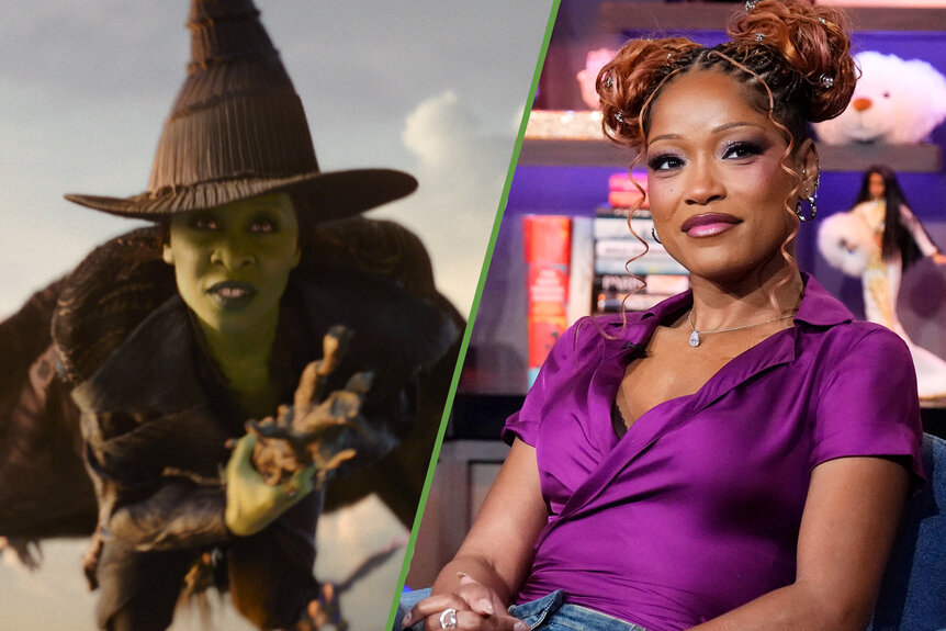 A split of Elphaba from Wicked: For Good (2025) and Keke Palmer on Watch What Happens Live With Andy Cohen Season 23 Episode 88.