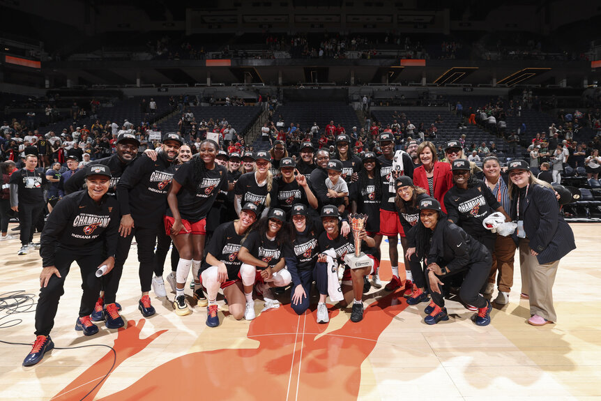 The Indiana Fever celebrate after winning the 2025 WNBA Commissioner's Cup.