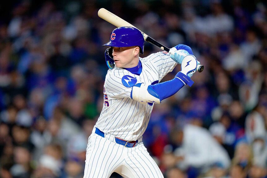 Pete Crow-Armstrong of the Chicago Cubs bats in a game against the Milwaukee Brewers.