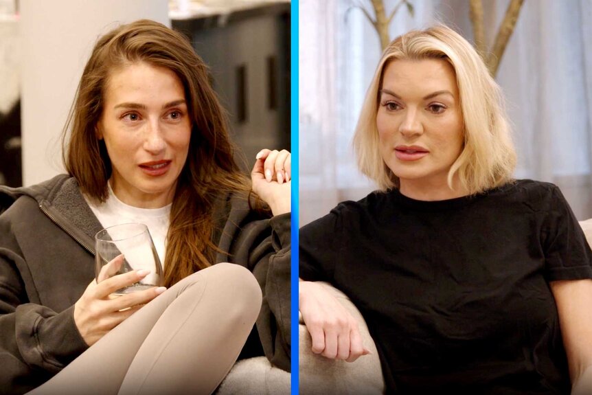 A side by side of two women discussing a serious matter on a couch, holding a glass of wine