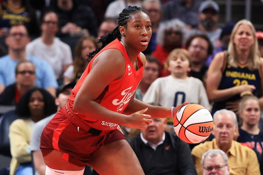 Aliyah Boston of the Indiana Fever brings the ball up the court apf at Gainbridge Fieldhouse.