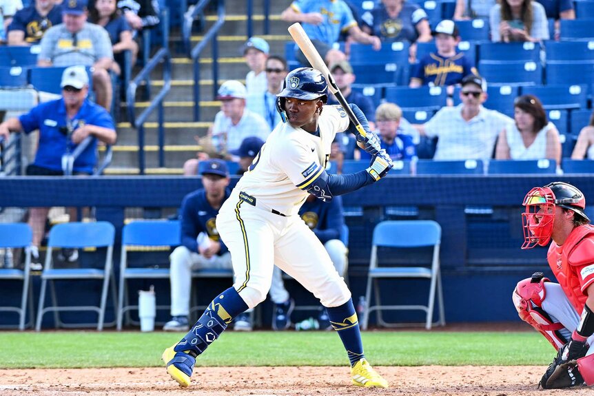 Jesús Made of the Milwaukee Brewers bats during the ninth inning of a spring training game against the Cincinnati Reds.