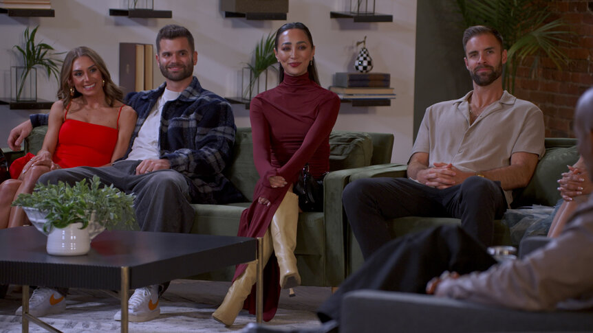 Courtney Landis, Nick Uhlenhuth, Michelle Le, and Cameron Mitchell sitting on a couch together in Married at First Sight Season 20 Episode 9.