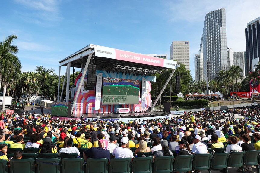 Fans of Norway and Brazil react watching the FIFA World Cup 2026 Round of 16 match between Brazil and Norway in the FIFA Fan Festival Miami.