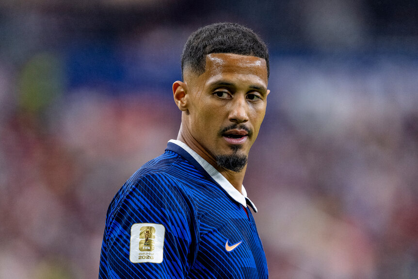 William Saliba of France during the 2026 World Cup match between France and Spain at Dallas Stadium.
