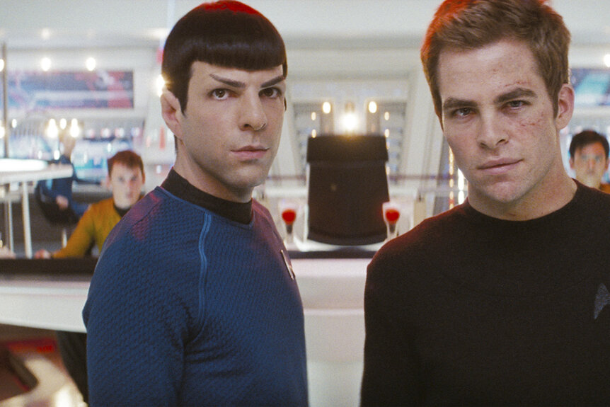 Spock (Zachary Quinto) and Captain Kirk (Chris Pine) in Star Trek (2009).