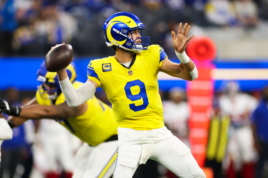 Los Angeles Rams, Matthew Stafford, throws a pass during the second quarter of an NFL football game.