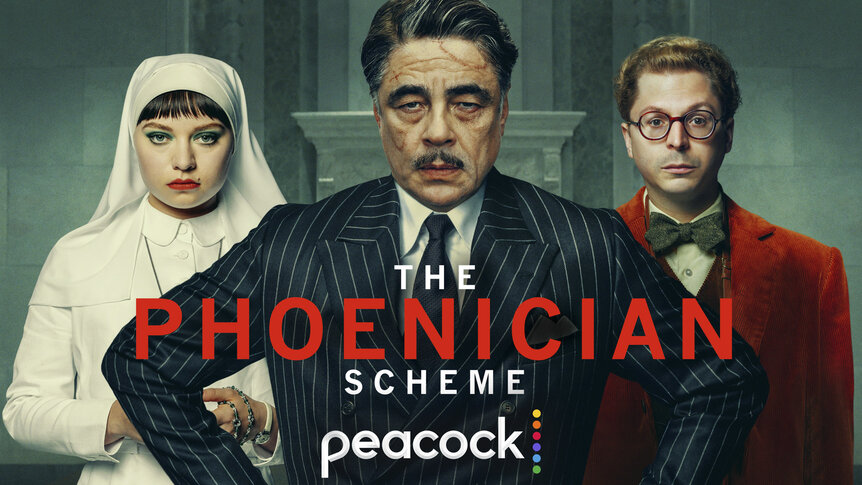 Liesl (Mia Threapleton), Zsa-zsa Korda (Benicio Del Toro), and Bjorn (Michael Cera) look onward together in key art for The Phoenician Scheme (2025).